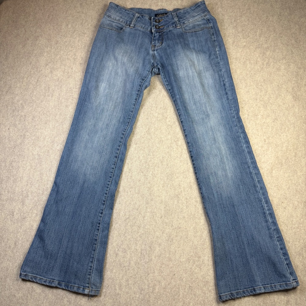 Clash Jeans Womens Size 7 Medium Wash Flare Leg Double Button Stretch Denim